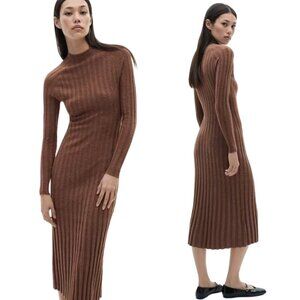 Mango Flurry Ribbed Knit Midi Dress Womens XXS 0 Brown Bodycon Mock Neck Sweater